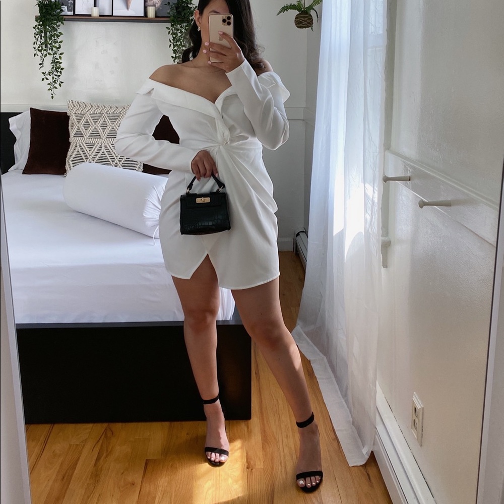 Prettylittlething Bardot Knot Blazer Dress